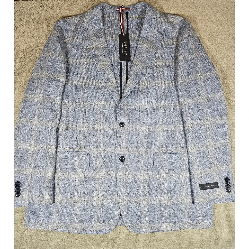 Tommy Hilfiger THFLEX Mens Light Blue Plaid Sport Coat Blazer 46R New